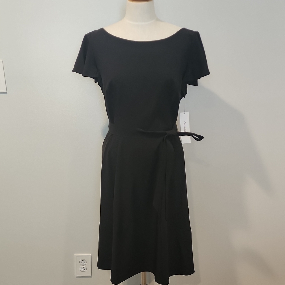 Calvin Klein Black Flutter Sleeve Midi Dress